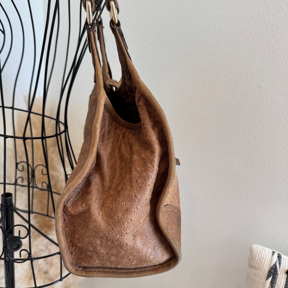 Michael Kors Distressed Ostrich Embossed Leather Shoulder Tote Bag Walnut Brown - Picture 8 of 12